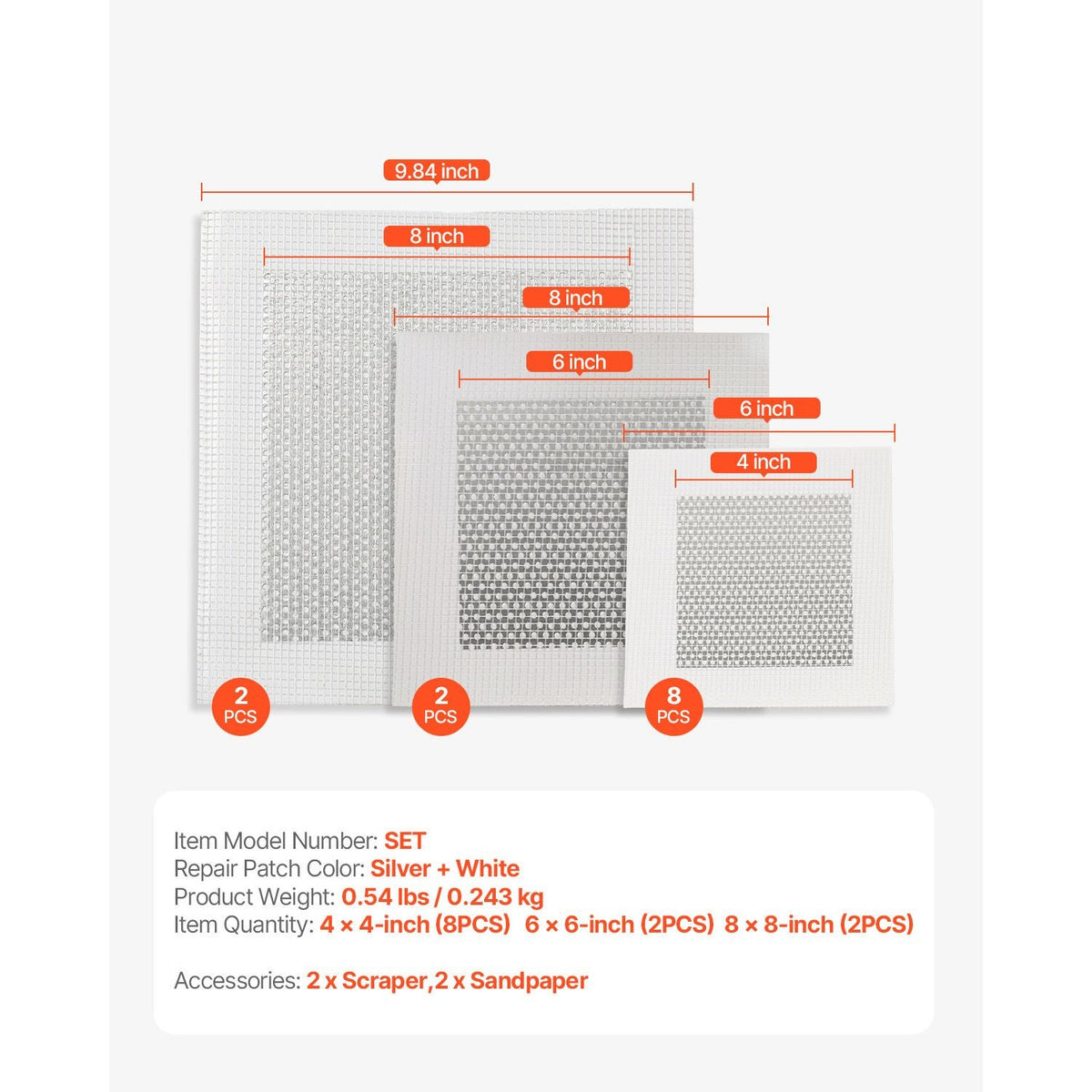 16PCS Drywall Repair Kit, 4/6/8-inch Aluminum Dry Wall Repair Patch Kit with 2 Scrapers & 2 Sandpapers, Self-Adhesive Drywall Patches for Nail Holes, Wall Cracks, Peeling, Scraping