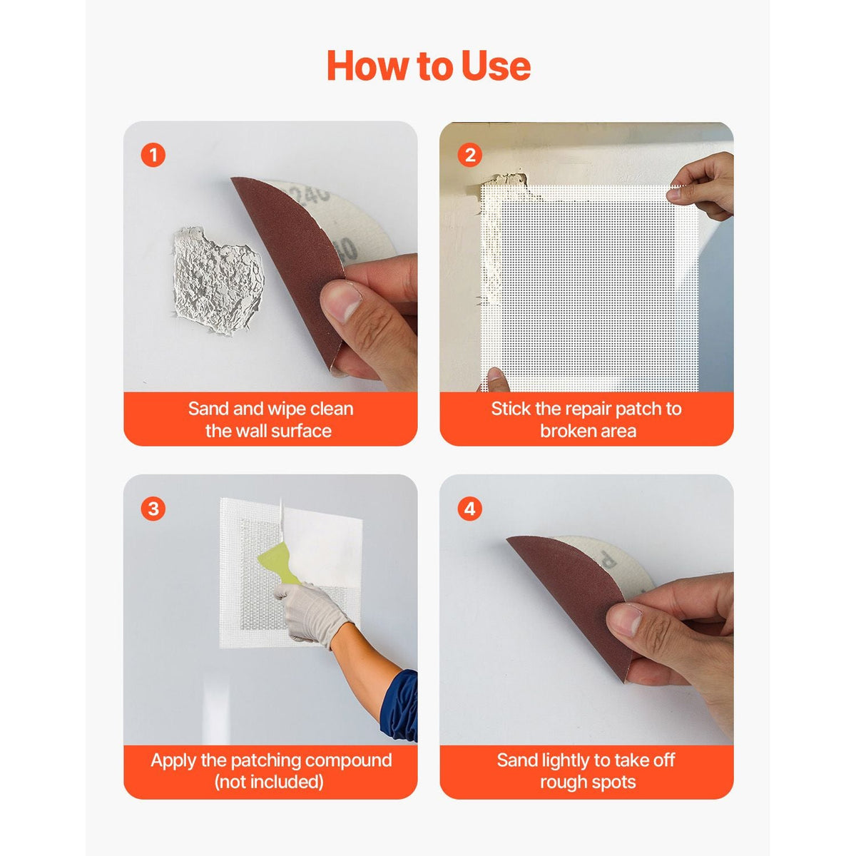 16PCS Drywall Repair Kit, 4/6/8-inch Aluminum Dry Wall Repair Patch Kit with 2 Scrapers & 2 Sandpapers, Self-Adhesive Drywall Patches for Nail Holes, Wall Cracks, Peeling, Scraping
