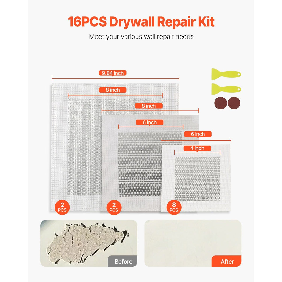 16PCS Drywall Repair Kit, 4/6/8-inch Aluminum Dry Wall Repair Patch Kit with 2 Scrapers & 2 Sandpapers, Self-Adhesive Drywall Patches for Nail Holes, Wall Cracks, Peeling, Scraping