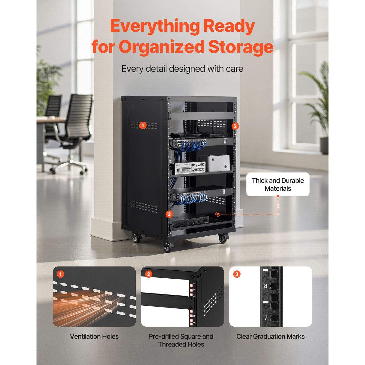 16U AV Rack, 200 lbs Max Capacity, Home Recording Studio Rack with Lockable Caster Wheels, Open Frame Server Cabinet, Special Vent Design, for 19-Inch Audio Video Musical & IT Equipment Mounting