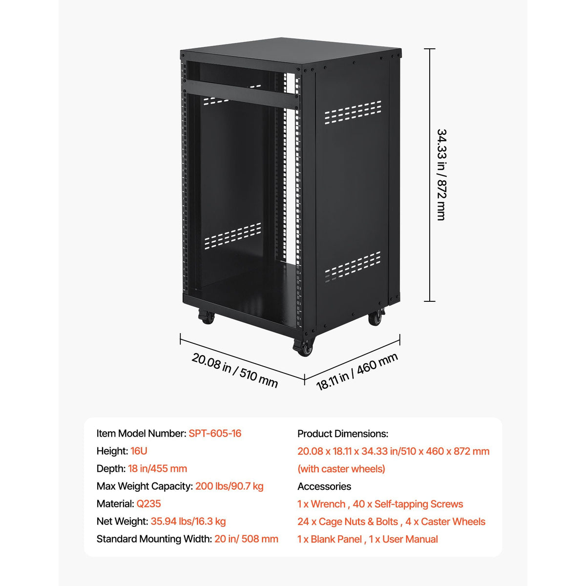 16U AV Rack, 200 lbs Max Capacity, Home Recording Studio Rack with Lockable Caster Wheels, Open Frame Server Cabinet, Special Vent Design, for 19-Inch Audio Video Musical & IT Equipment Mounting