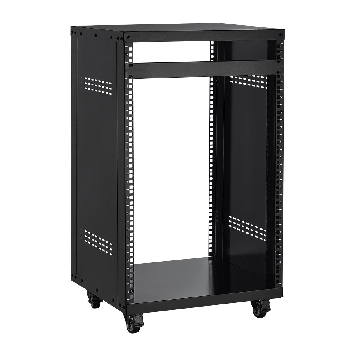 16U AV Rack, 200 lbs Max Capacity, Home Recording Studio Rack with Lockable Caster Wheels, Open Frame Server Cabinet, Special Vent Design, for 19-Inch Audio Video Musical & IT Equipment Mounting