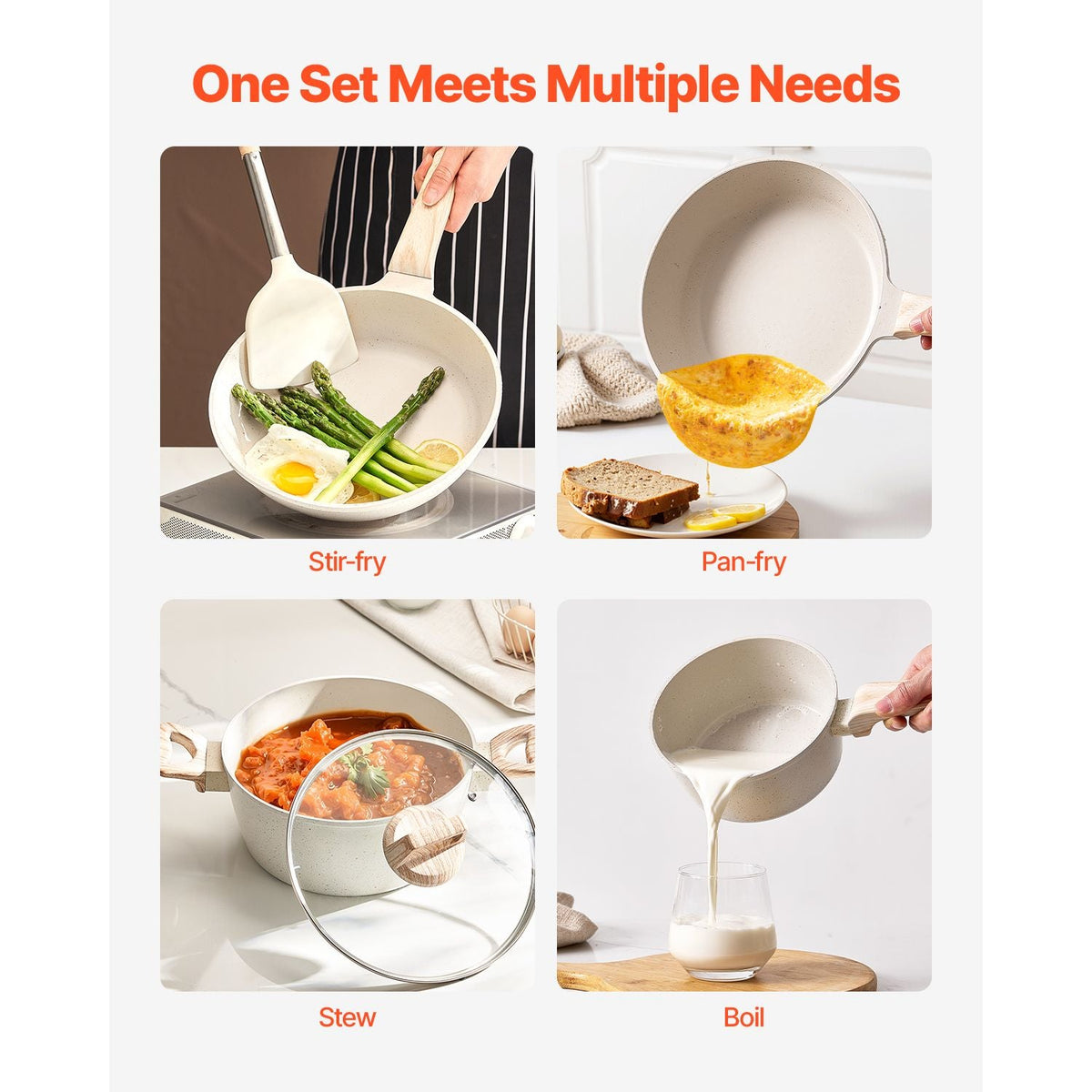 17 Piece Pots and Pans Set, Granite Nonstick Cookware Set, Induction Cookwares, Kitchen RV Cooking Sets with Frying, Sauce, Saute, Tempered Glass Lids, and Pan Protectors, White