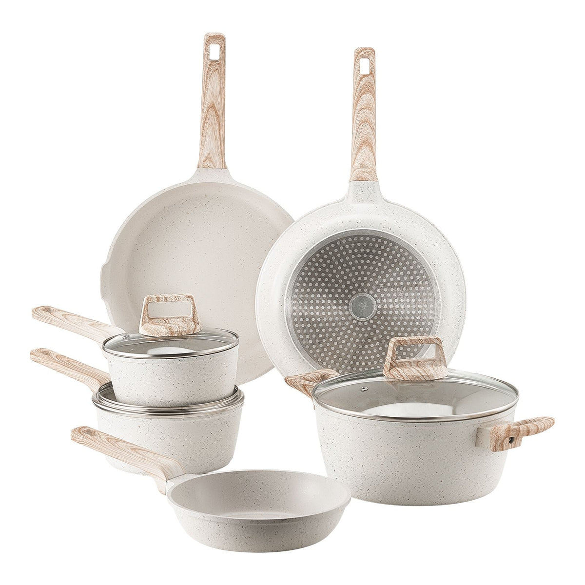 17 Piece Pots and Pans Set, Granite Nonstick Cookware Set, Induction Cookwares, Kitchen RV Cooking Sets with Frying, Sauce, Saute, Tempered Glass Lids, and Pan Protectors, White