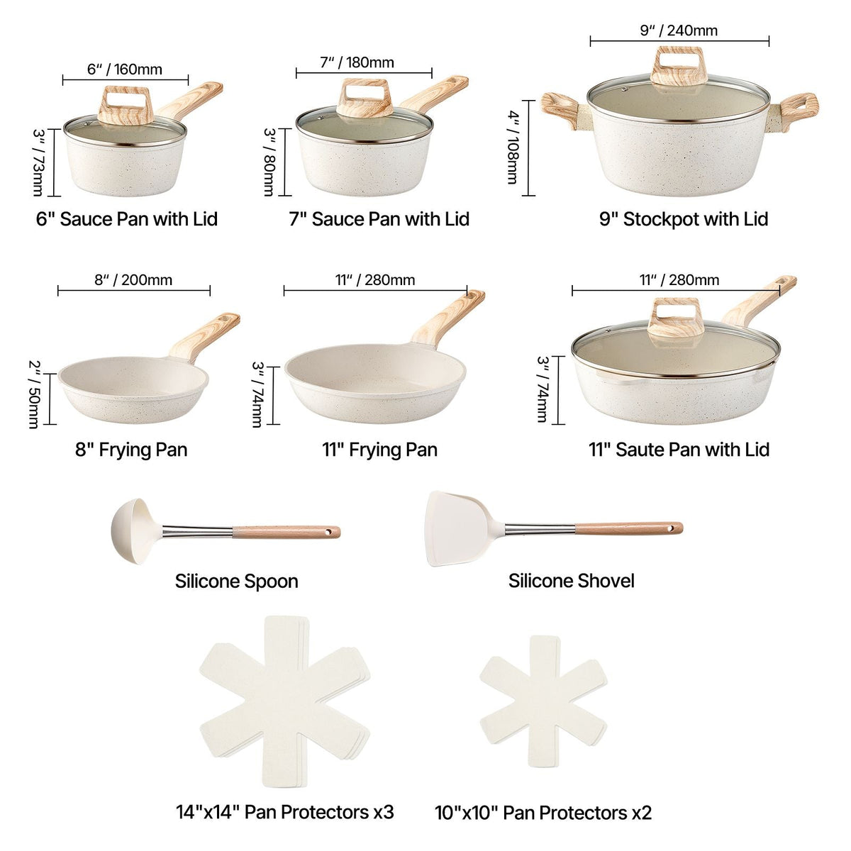 17 Piece Pots and Pans Set, Granite Nonstick Cookware Set, Induction Cookwares, Kitchen RV Cooking Sets with Frying, Sauce, Saute, Tempered Glass Lids, and Pan Protectors, White