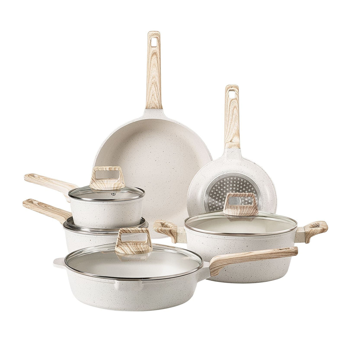 17 Piece Pots and Pans Set, Granite Nonstick Cookware Set, Induction Cookwares, Kitchen RV Cooking Sets with Frying, Sauce, Saute, Tempered Glass Lids, and Pan Protectors, White