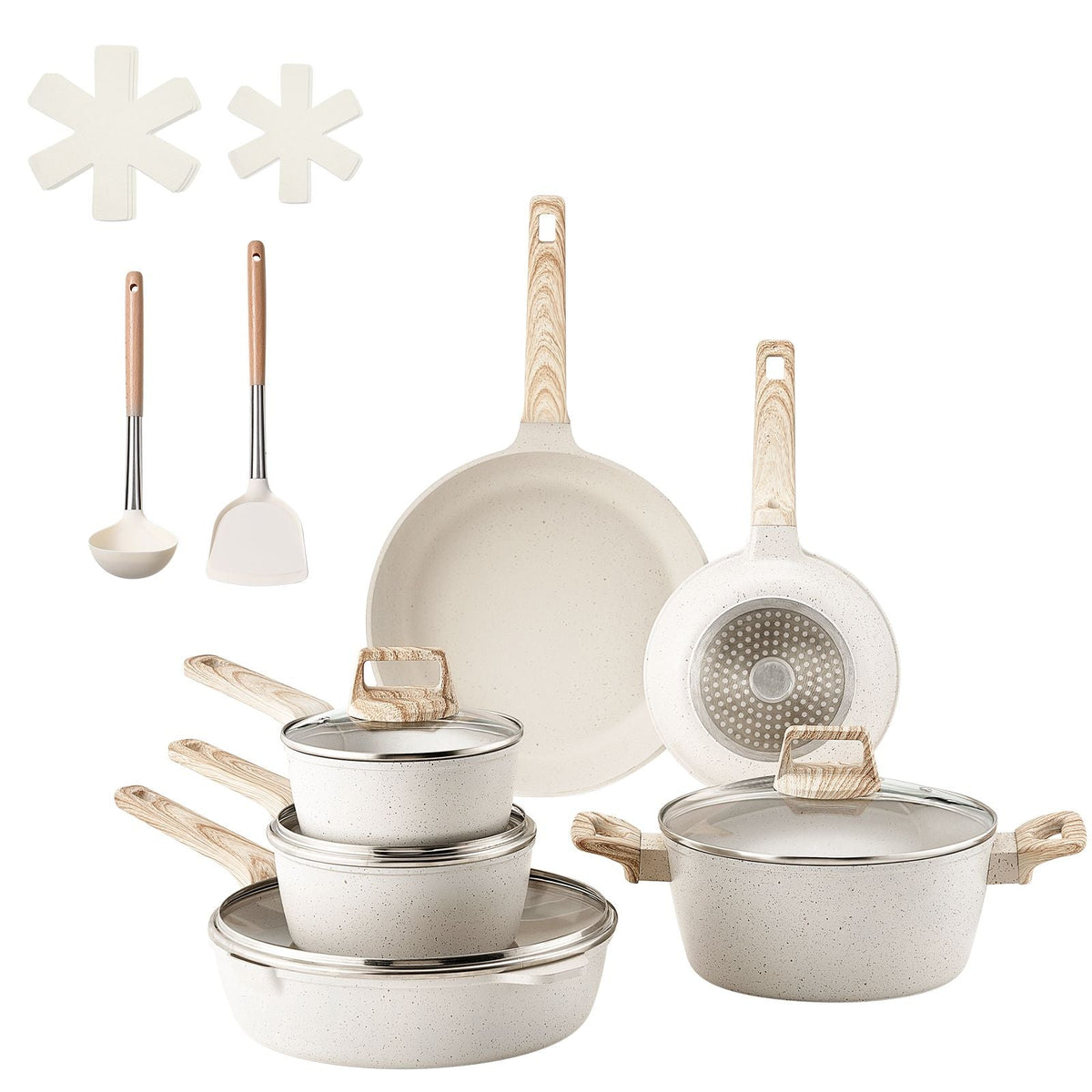 17 Piece Pots and Pans Set, Granite Nonstick Cookware Set, Induction Cookwares, Kitchen RV Cooking Sets with Frying, Sauce, Saute, Tempered Glass Lids, and Pan Protectors, White