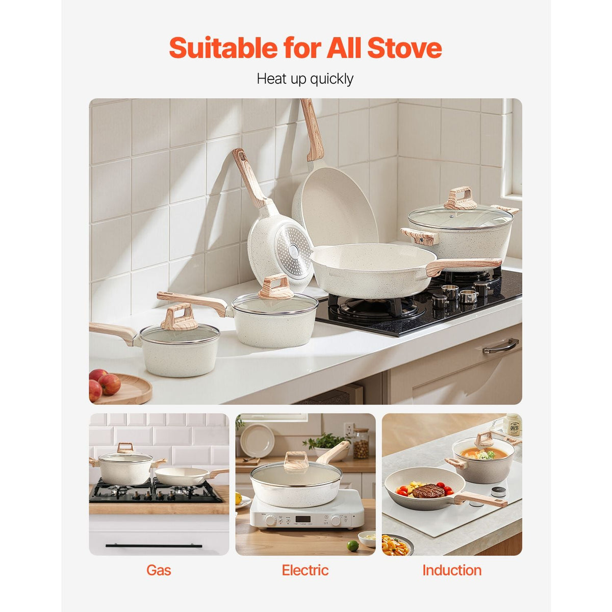 17 Piece Pots and Pans Set, Granite Nonstick Cookware Set, Induction Cookwares, Kitchen RV Cooking Sets with Frying, Sauce, Saute, Tempered Glass Lids, and Pan Protectors, White