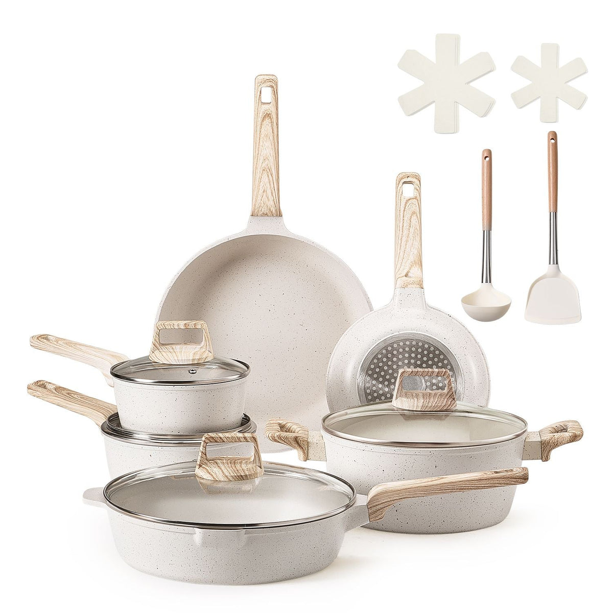 17 Piece Pots and Pans Set, Granite Nonstick Cookware Set, Induction Cookwares, Kitchen RV Cooking Sets with Frying, Sauce, Saute, Tempered Glass Lids, and Pan Protectors, White