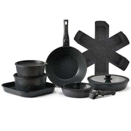 17 Piece Pots and Pans Set, Granite Nonstick Detachable Handle Cookware, Space Saving Induction Cookwares, Kitchen RV Cooking Sets with Frying, Sauce, Saute, Tempered Glass Lid, Oven Safe, Black