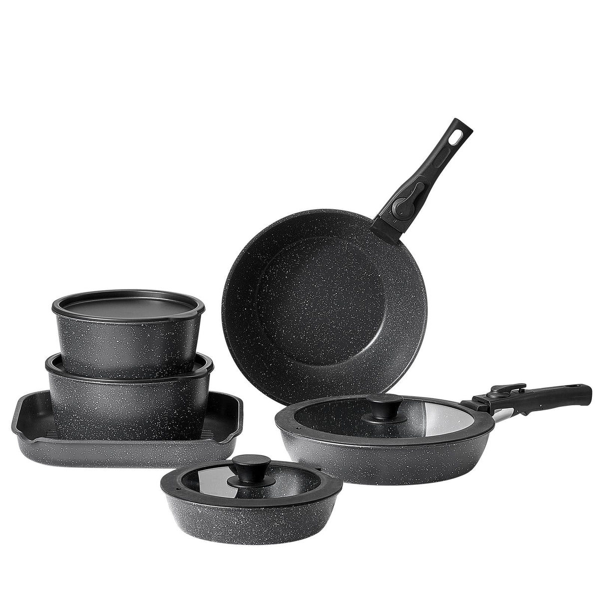17 Piece Pots and Pans Set, Granite Nonstick Detachable Handle Cookware, Space Saving Induction Cookwares, Kitchen RV Cooking Sets with Frying, Sauce, Saute, Tempered Glass Lid, Oven Safe, Black
