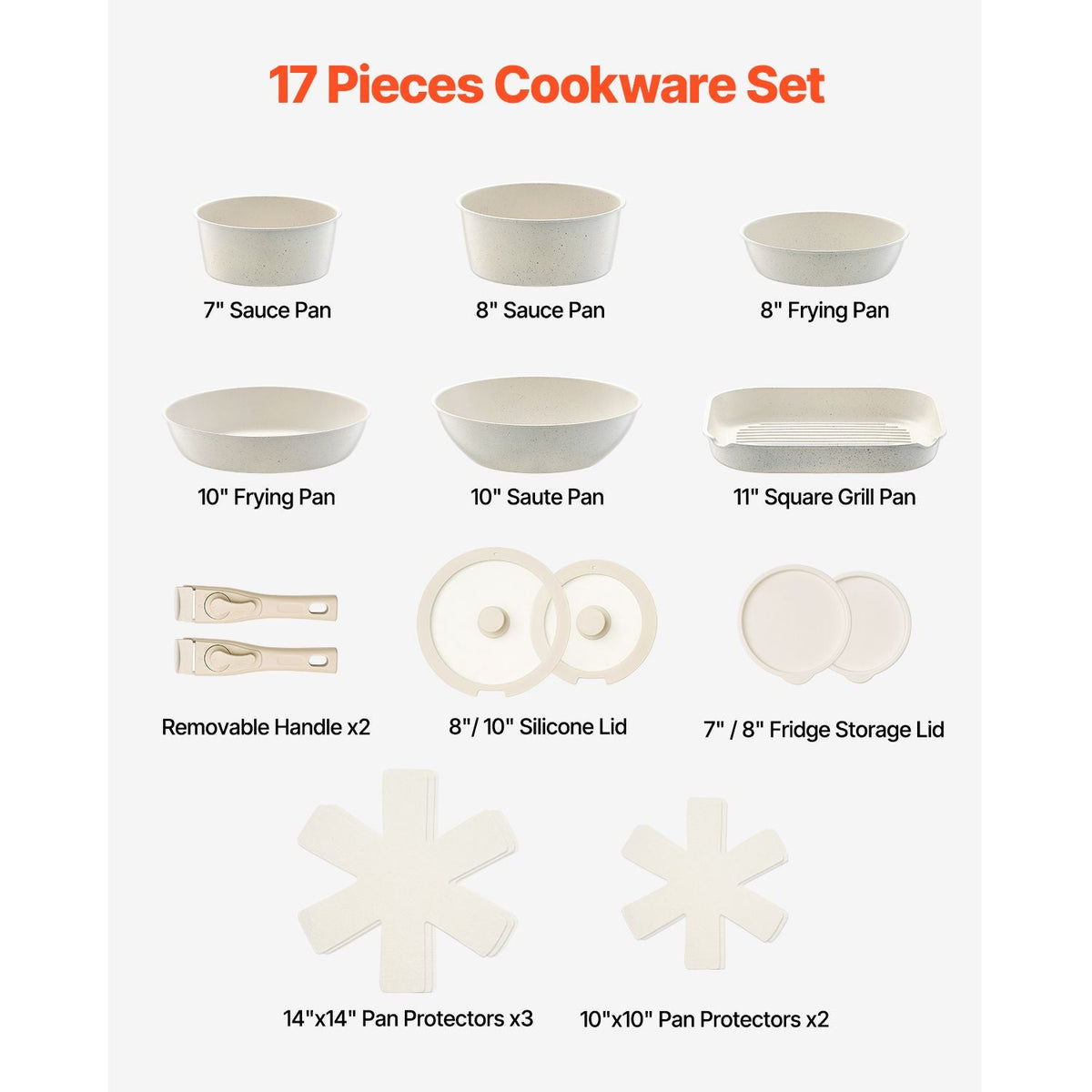 17 Piece Pots and Pans Set Nonstick, Detachable Handle Cookware, Space Saving Induction cookware set, Kitchen RV Cooking Sets, with Frying, Sauce, Saute, Tempered Glass Lids, Oven Safe, White