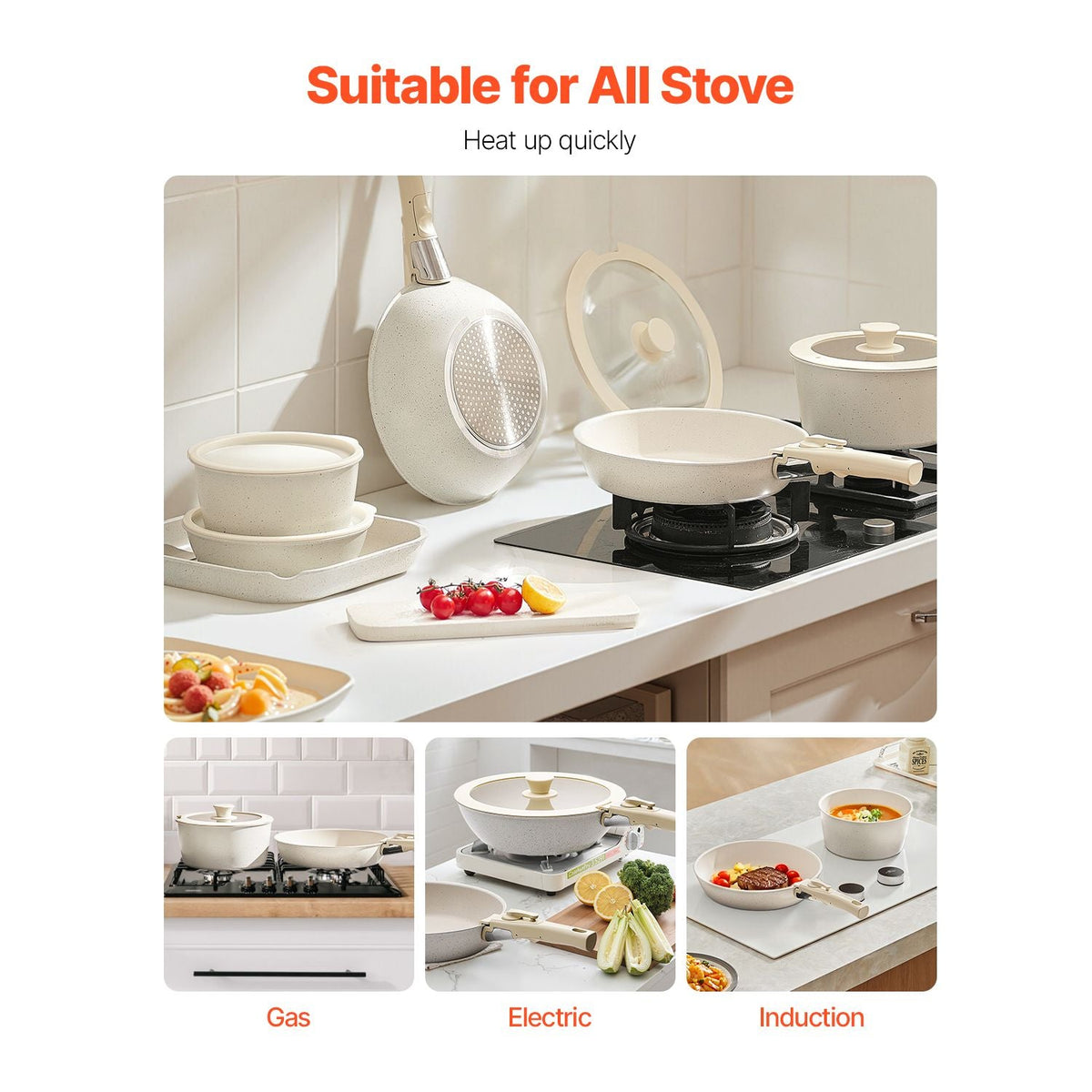 17 Piece Pots and Pans Set Nonstick, Detachable Handle Cookware, Space Saving Induction cookware set, Kitchen RV Cooking Sets, with Frying, Sauce, Saute, Tempered Glass Lids, Oven Safe, White