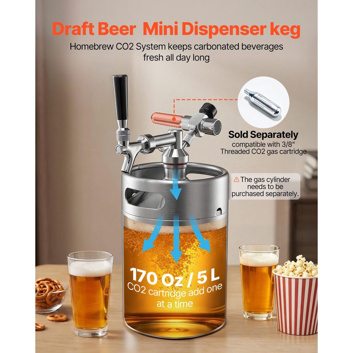 170oz Mini Keg, Pressurized Growler Tap System, 304 Stainless Steel Beer Kit, with Co2 Regulator, Self-Closing Faucet, Keeps Fresh and Carbonation for Homebrew, Craft and Draft Beer