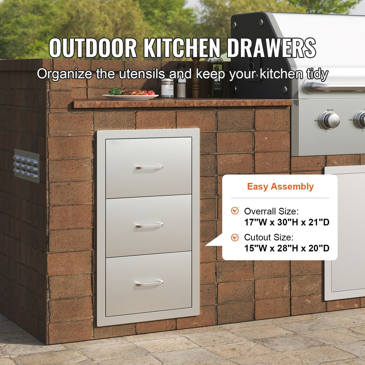 17W x 30H x 21D Inch Outdoor Kitchen Stainless Steel Double Access Drawers with Paper Towel Holder Combo for BBQ Island or Grill Station