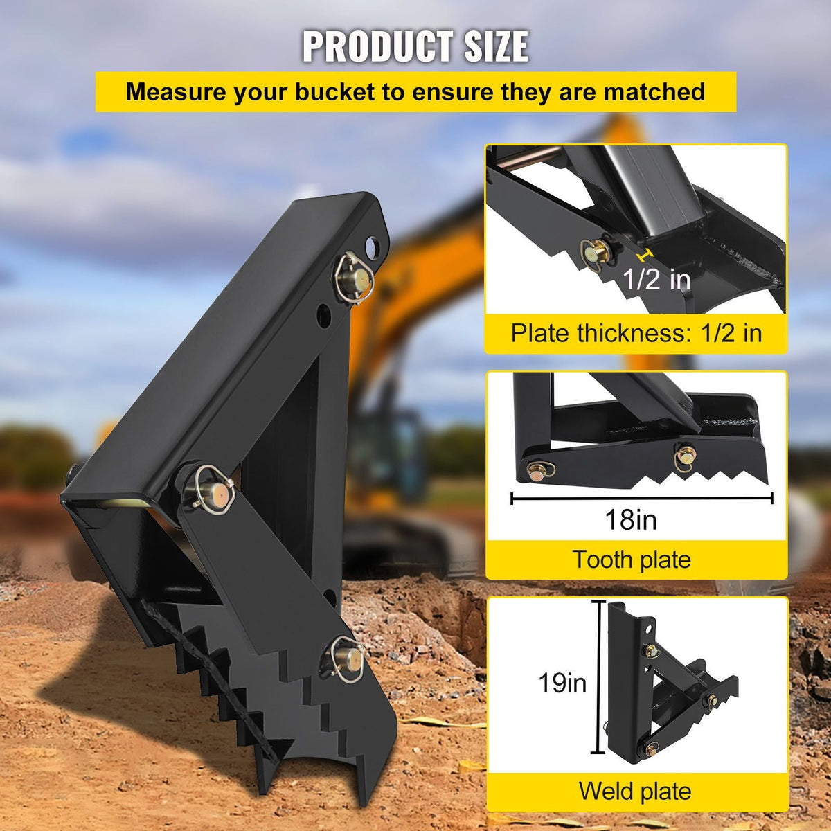 18\" Backhoe Thumb, 1/2\" Teeth Thickness Heavy Duty Excavator Thumb, Black Steel Weld On Thumb Attachments with 12mm Bolt-On Design Adjustable Mechanical Thumb for Backhoe/Excavator
