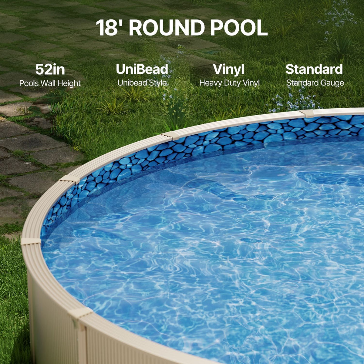 18-ft Round Above Ground Pool Liner, Unibead Pool Liners, Standard Gauge, 52inch Wall Height, Designed for Steel Sided Above-Ground Swimming Pools