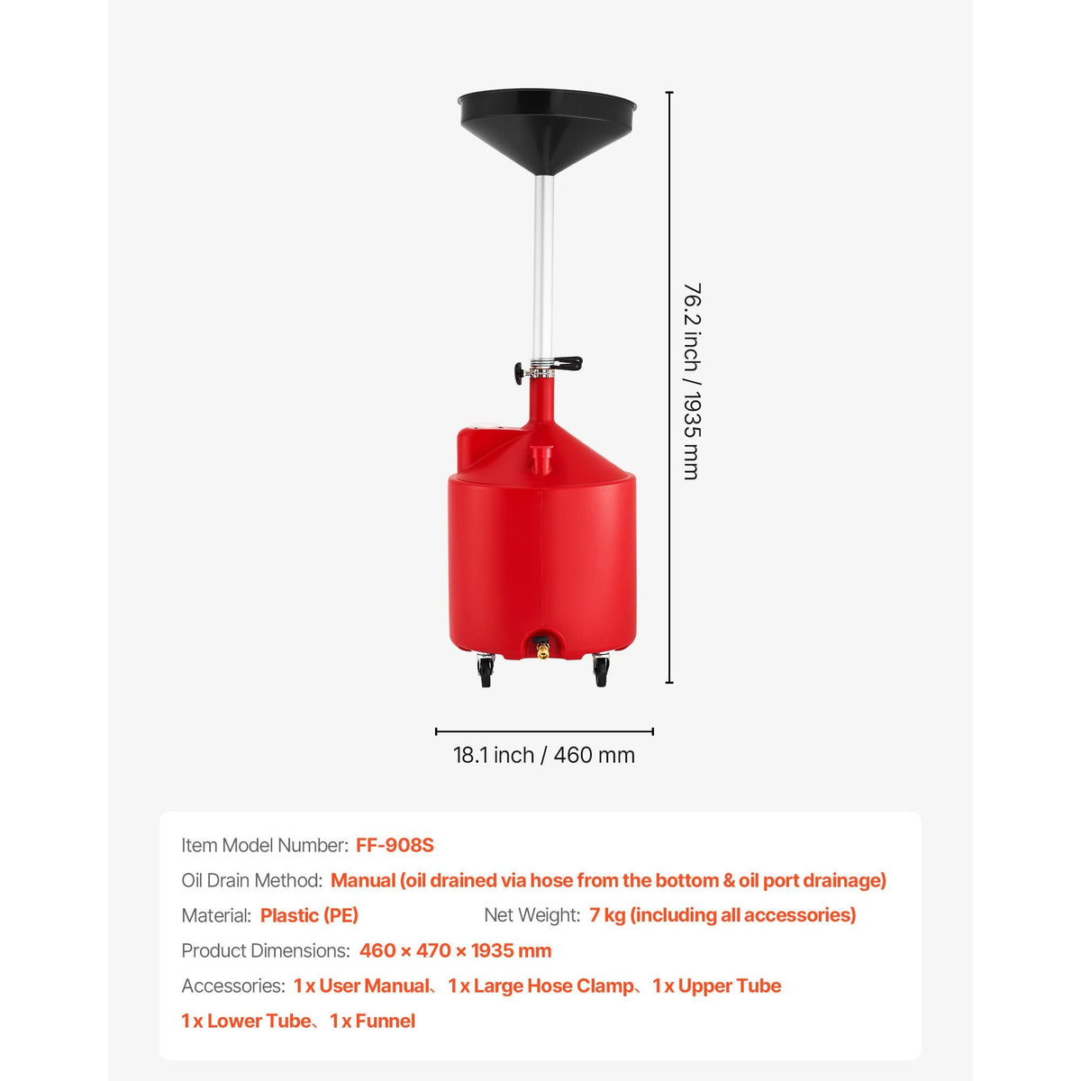 18 Gallon Waste Oil Drain Tank, Industrial Fluid Drain Tank with Adjustable Funnel Height, Portable Oil Drainer with Wheels, Fluid Fuel Transfer Drainage for Auto Repair Shops, Garages, Red