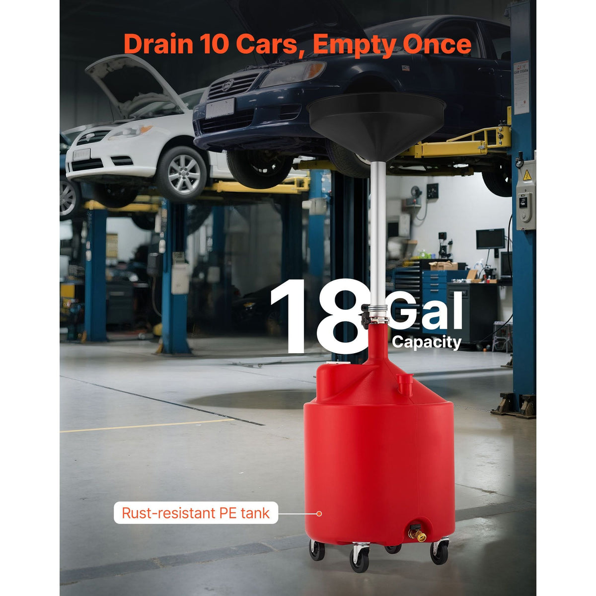 18 Gallon Waste Oil Drain Tank, Industrial Fluid Drain Tank with Adjustable Funnel Height, Portable Oil Drainer with Wheels, Fluid Fuel Transfer Drainage for Auto Repair Shops, Garages, Red