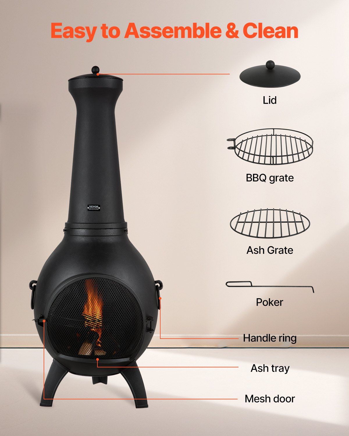 18 Inch Chiminea Outdoor Wood Burning Firepit with Grill Mesh & Chimney Coat