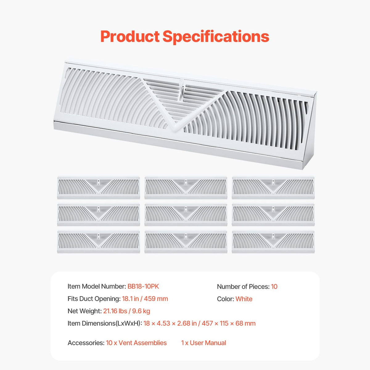 18-Inch Floor Registers, 10-Pack Baseboard Registers, HVAC Heavy-Duty Walkable Iron Floor Vents, Rustproof Anti-Peeling Air Vents Deflector Adjustable with Metal Damper for Home & Office, White