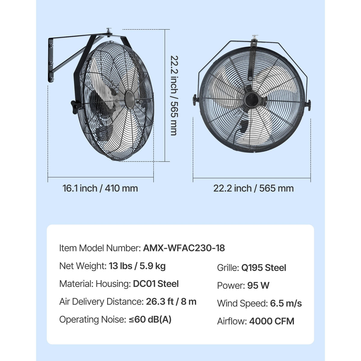 18 Inch Industrial Wall Mount Fan, High Velocity 4000 CFM Indoor Fan with 3 Speeds, Powerful Motor Garage Wall Fan with Aluminum Blades for Workshop, Warehouse, Greenhouse, Commercial
