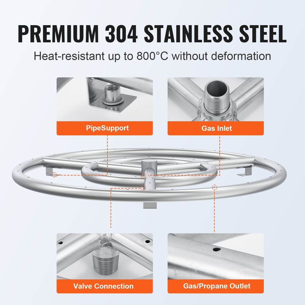 18 inch Round Stainless-Steel Fire Pit Burner Ring, Drop-in Fire Pit Ring Burner Kit for Natural Gas & Propane - with 150,000 BTU Heat Output for Indoor/Outdoor Use