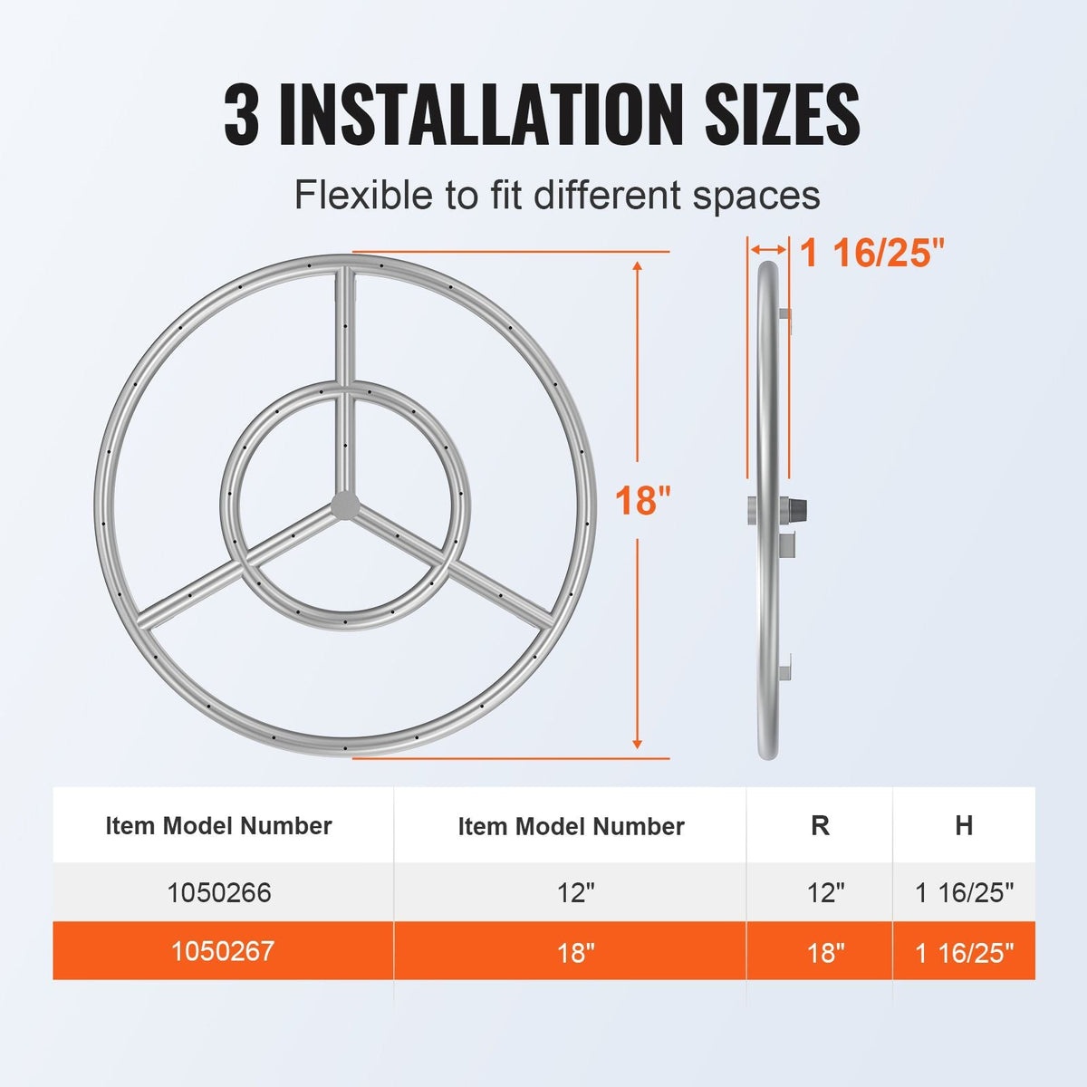 18 inch Round Stainless-Steel Fire Pit Burner Ring, Drop-in Fire Pit Ring Burner Kit for Natural Gas & Propane - with 150,000 BTU Heat Output for Indoor/Outdoor Use