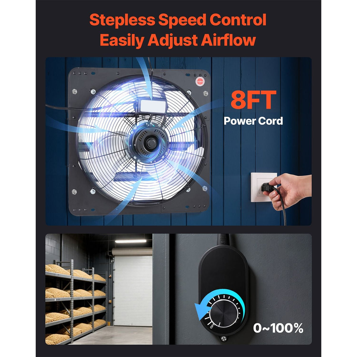 18 inch Shutter Exhaust Fan, Wall Mounted Attic Vent Fan with Variable Speed Controller, 2200 CFM, AC Motor, Heavy-duty Steel, Low Noise for Shed, Garage, Greenhouse Ventilation Cooling, Black