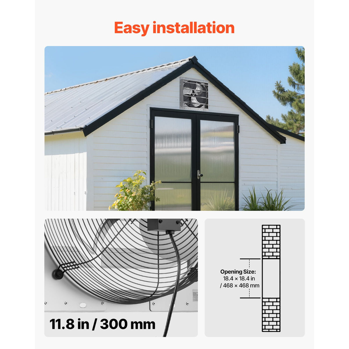 18 Inch Shutter Exhaust Fan Wall Mounted Automatic Louvers Silver, Sturdy Steel Housing, 3051 CFM Low Noise, AC Motor, Ventilation and Cooling for Attic, Garage, Barn, Greenhouse, Workshop