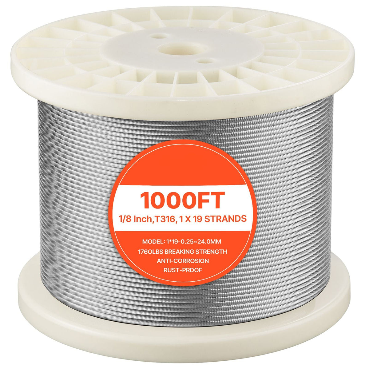 1/8 Inch Wire Rope, 1000 ft Length, 316 Stainless Steel Wire Cable with Cutter, 1760 lbs Breaking Strength, 1 x 19 Strands Construction, Steel Cable for Deck Railing System, Garden Trellis