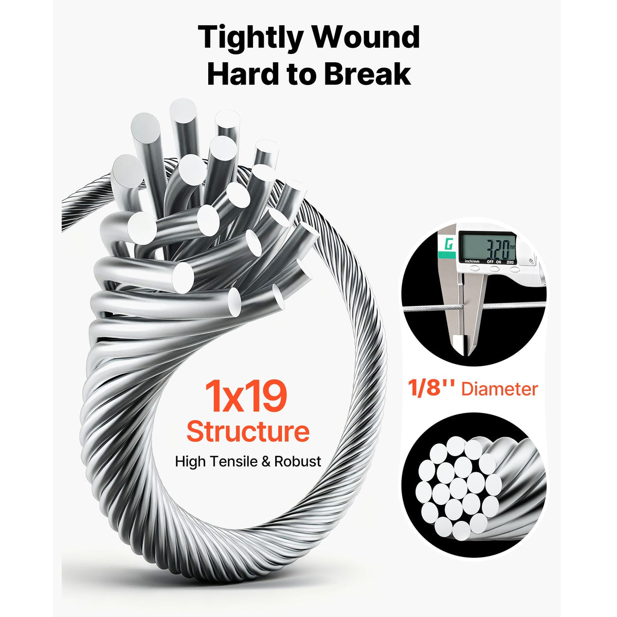 1/8 Inch Wire Rope, 1000 ft Length, 316 Stainless Steel Wire Cable with Cutter, 1760 lbs Breaking Strength, 1 x 19 Strands Construction, Steel Cable for Deck Railing System, Garden Trellis