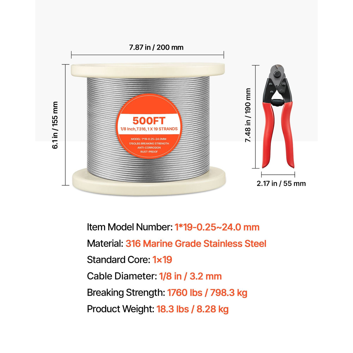 1/8 Inch Wire Rope, 500 ft Length, 316 Stainless Steel Wire Cable with Cutter, 1760 lbs Breaking Strength, 1 x 19 Strands Construction, Steel Cable for Deck Railing System, Garden Trellis