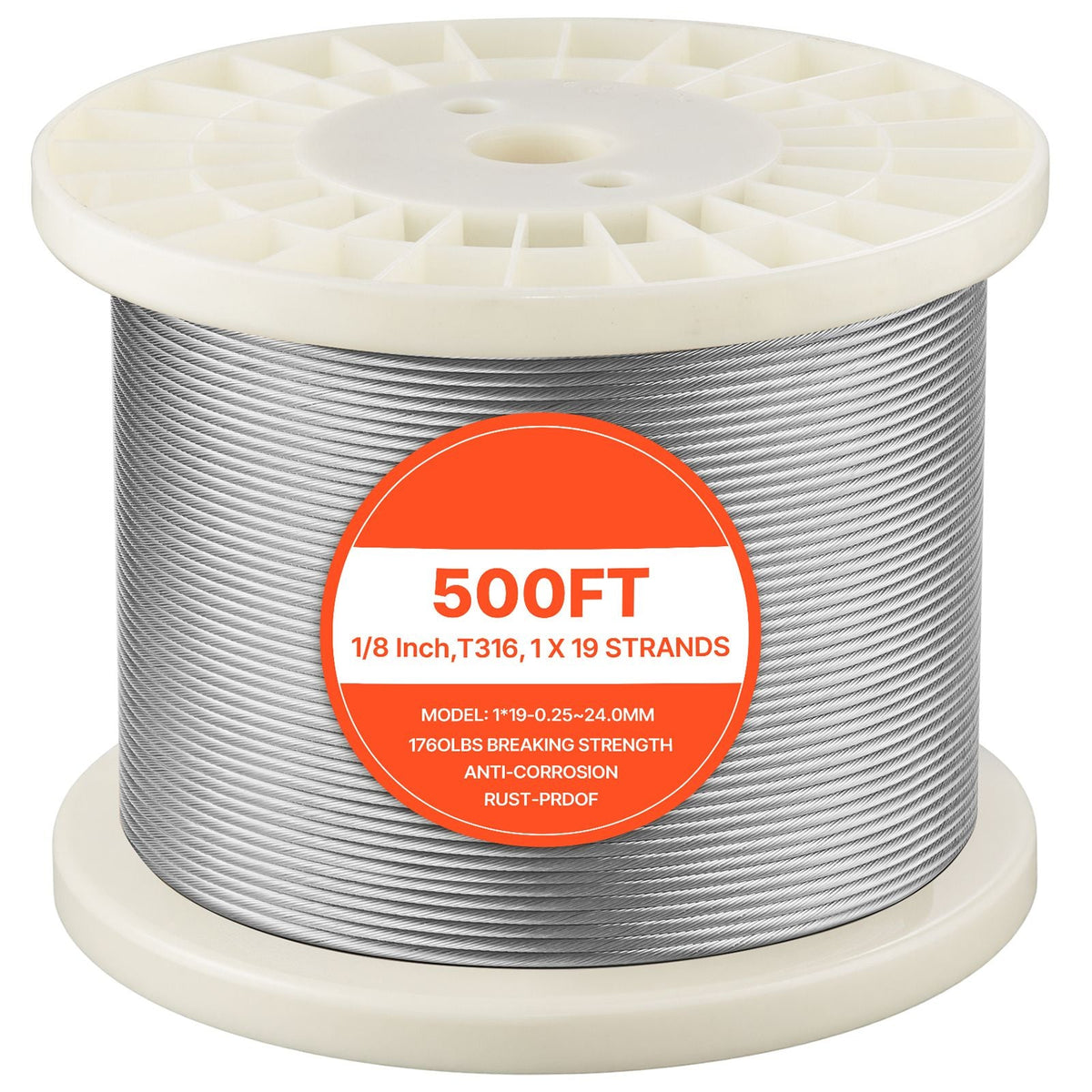 1/8 Inch Wire Rope, 500 ft Length, 316 Stainless Steel Wire Cable with Cutter, 1760 lbs Breaking Strength, 1 x 19 Strands Construction, Steel Cable for Deck Railing System, Garden Trellis