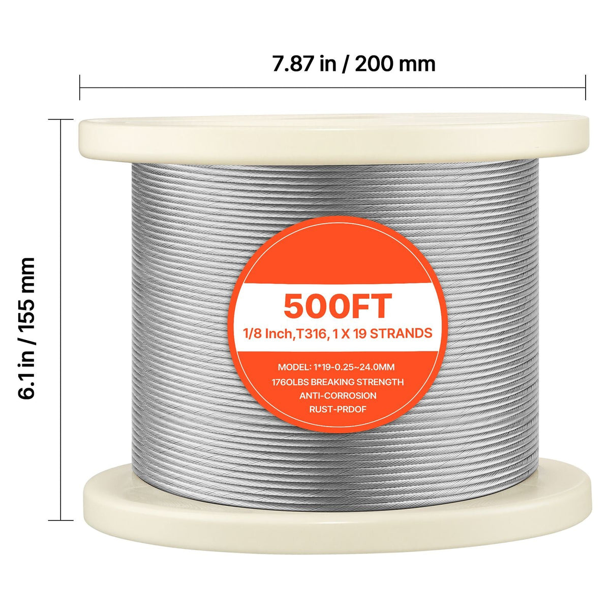 1/8 Inch Wire Rope, 500 ft Length, 316 Stainless Steel Wire Cable with Cutter, 1760 lbs Breaking Strength, 1 x 19 Strands Construction, Steel Cable for Deck Railing System, Garden Trellis