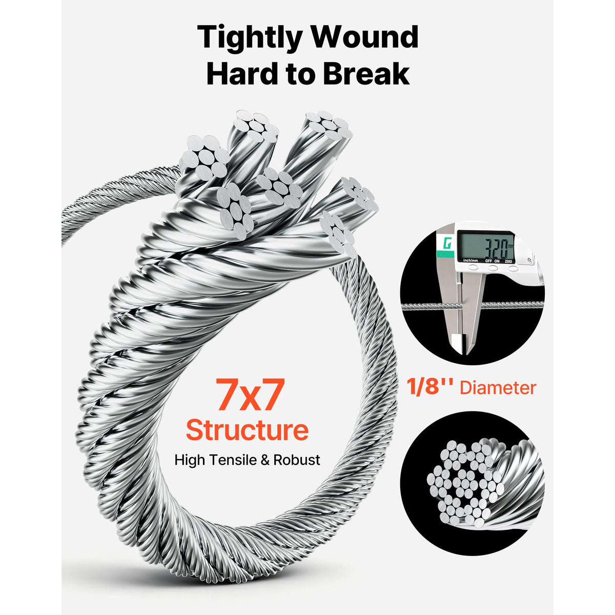 1/8 Inch Wire Rope Kit, 100 ft Length, 304 Stainless Steel Wire Cable with Cutter, 1600 lbs Breaking Strength, 7 x 7 Strands Construction, Steel Cable for Deck Railing System, Garden Trellis