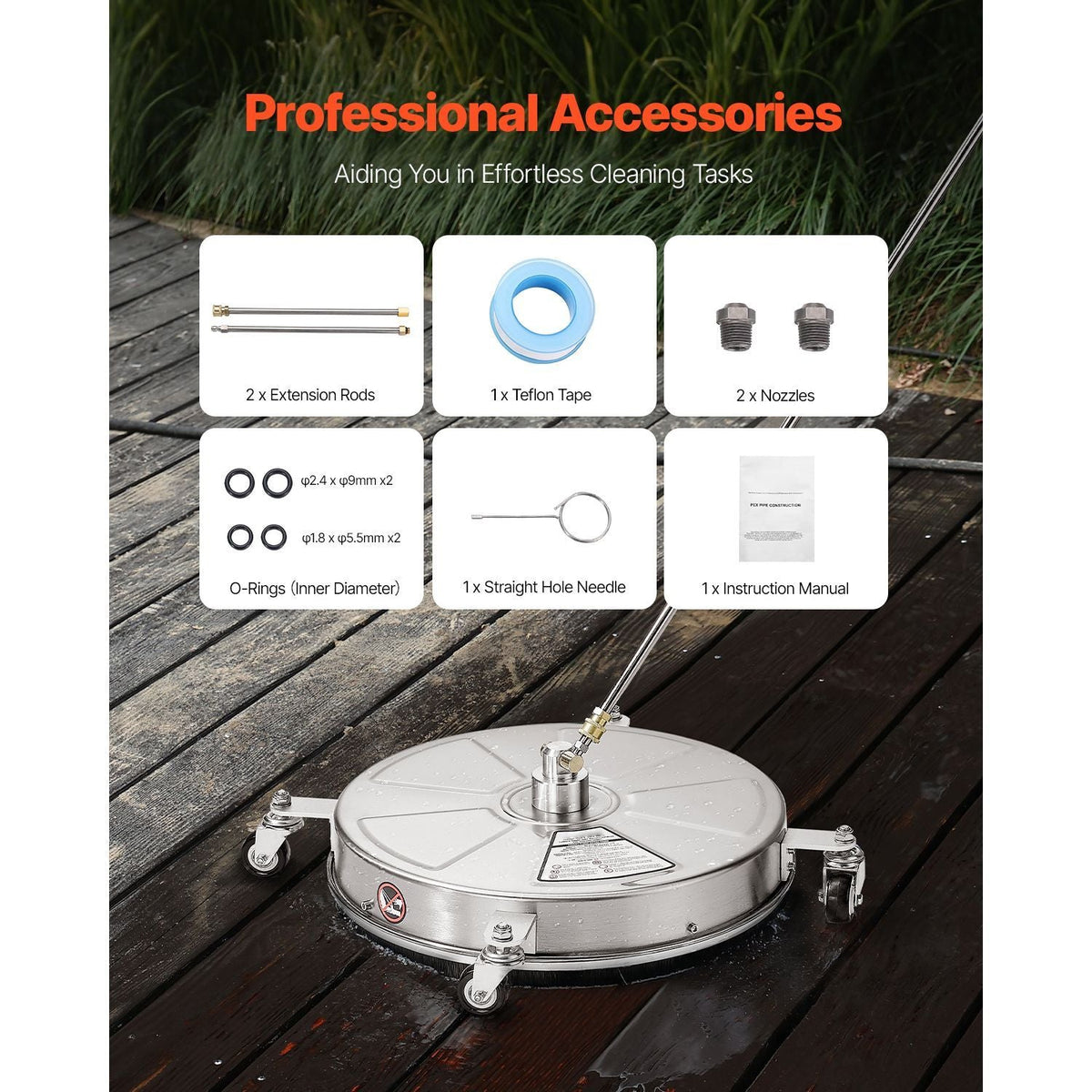 18" Pressure Washer Surface Cleaner, Stainless Steel Pressure Washer Attachments with 4 Wheels, 4000 Max PSI, 1/4 Quick Connector, 2 Spray Nozzles, 2 Extended Wands for Concrete, Patio, Deck