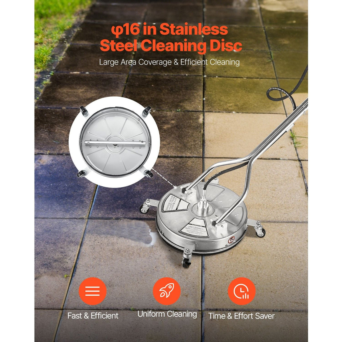 18" Pressure Washer Surface Cleaner, Stainless Steel Pressure Washer Attachments with 4 Wheels, 4000 Max PSI, 3/8 Quick Connector, 2 Spray Nozzles, Dual Handle, for Concrete, Patio, Sidewalk