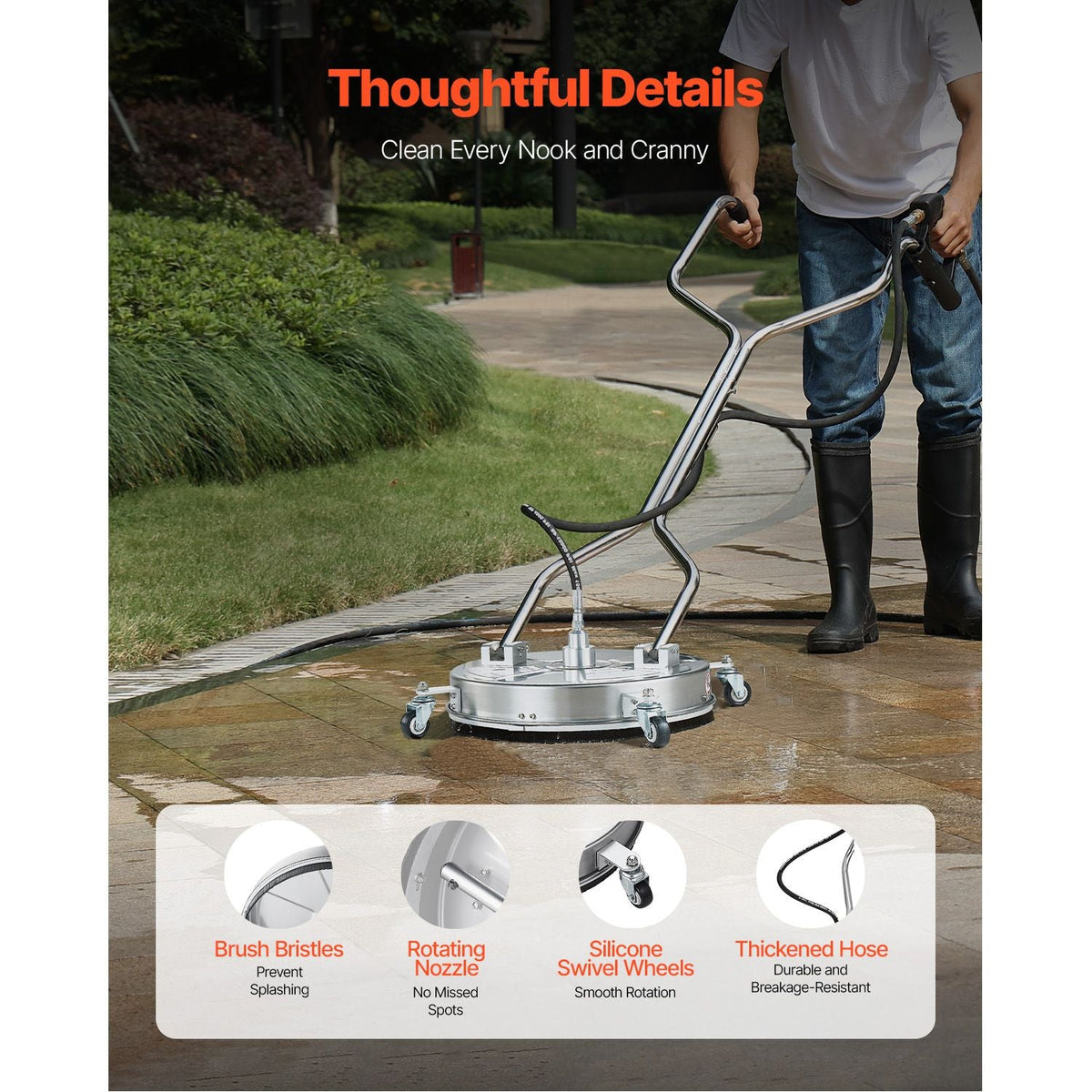 18" Pressure Washer Surface Cleaner, Stainless Steel Pressure Washer Attachments with 4 Wheels, 4000 Max PSI, 3/8 Quick Connector, 2 Spray Nozzles, Dual Handle, for Concrete, Patio, Sidewalk