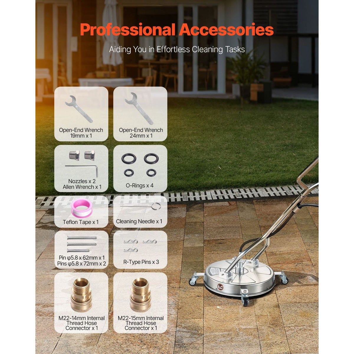 18" Pressure Washer Surface Cleaner, Stainless Steel Pressure Washer Attachments with 4 Wheels, 4000 Max PSI, 3/8 Quick Connector, 2 Spray Nozzles, Dual Handle, for Concrete, Patio, Sidewalk