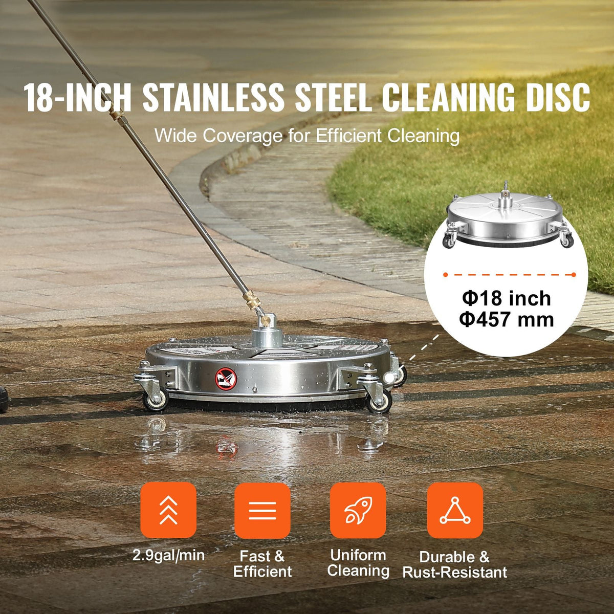 18" Pressure Washer Surface Cleaner w/ Wheels, Stainless Steel Concrete Cleaner 4000 Max PSI , 1/4" Quick-Connect Connector w/ 2 Extension Wand, Heavy Duty Power Washer For Floor Driveway, Patio