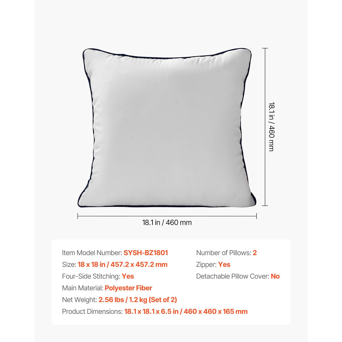 18 x 18 in Throw Pillow Inserts, Set of 2, Firm and Fluffy Decorative Down Alternative Pillows with Polyester Fiber, Square White Cushion with Zipper, for Indoor Bed Couch Sofa and Living Room