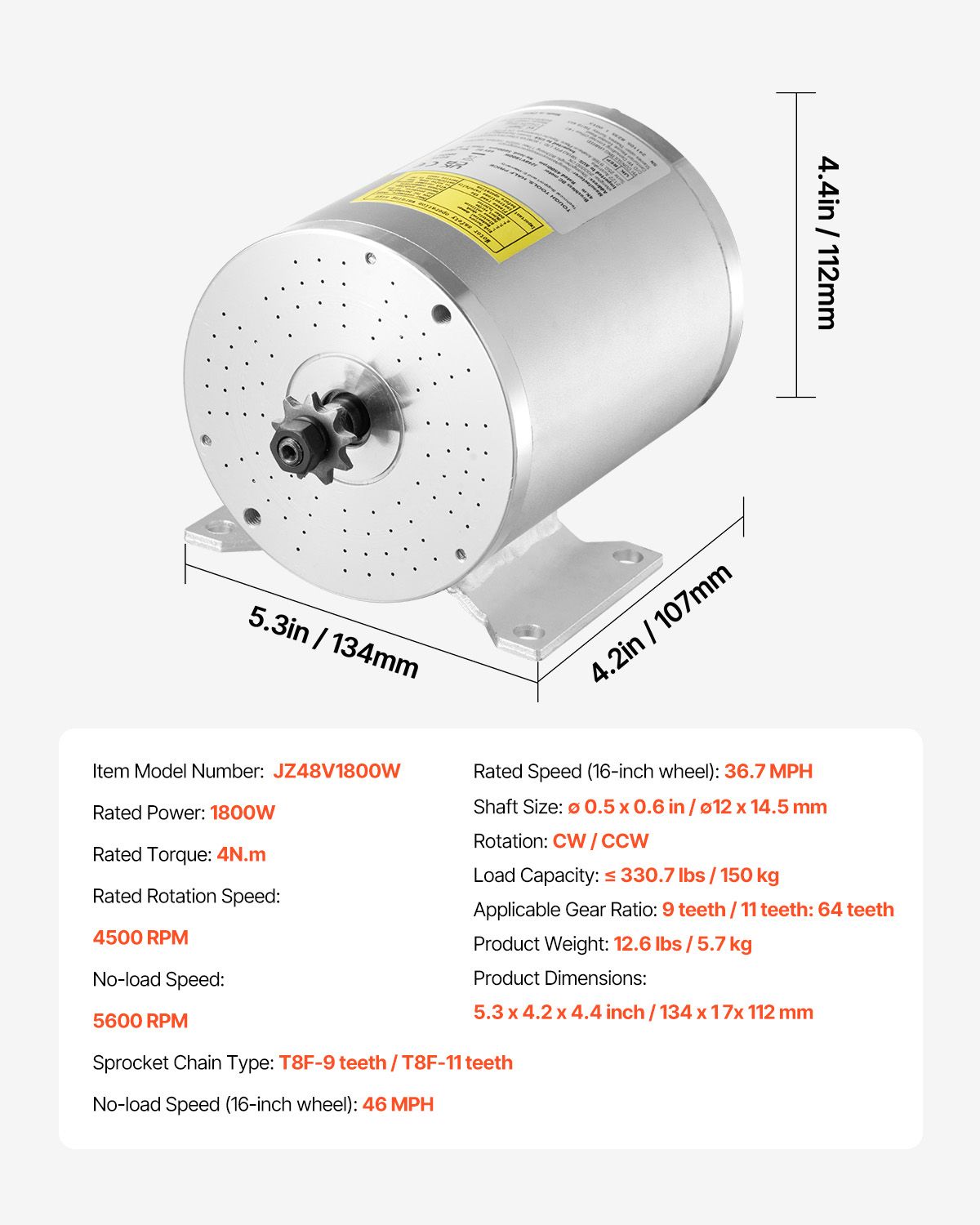 1800W Electric Brushless DC Motor Kit - 48V 4500rpm Motor with Upgraded Speed Controller and Foot Pedal Throttle Kit for Go Karts E-Bike Motorcycle Scooter DIY