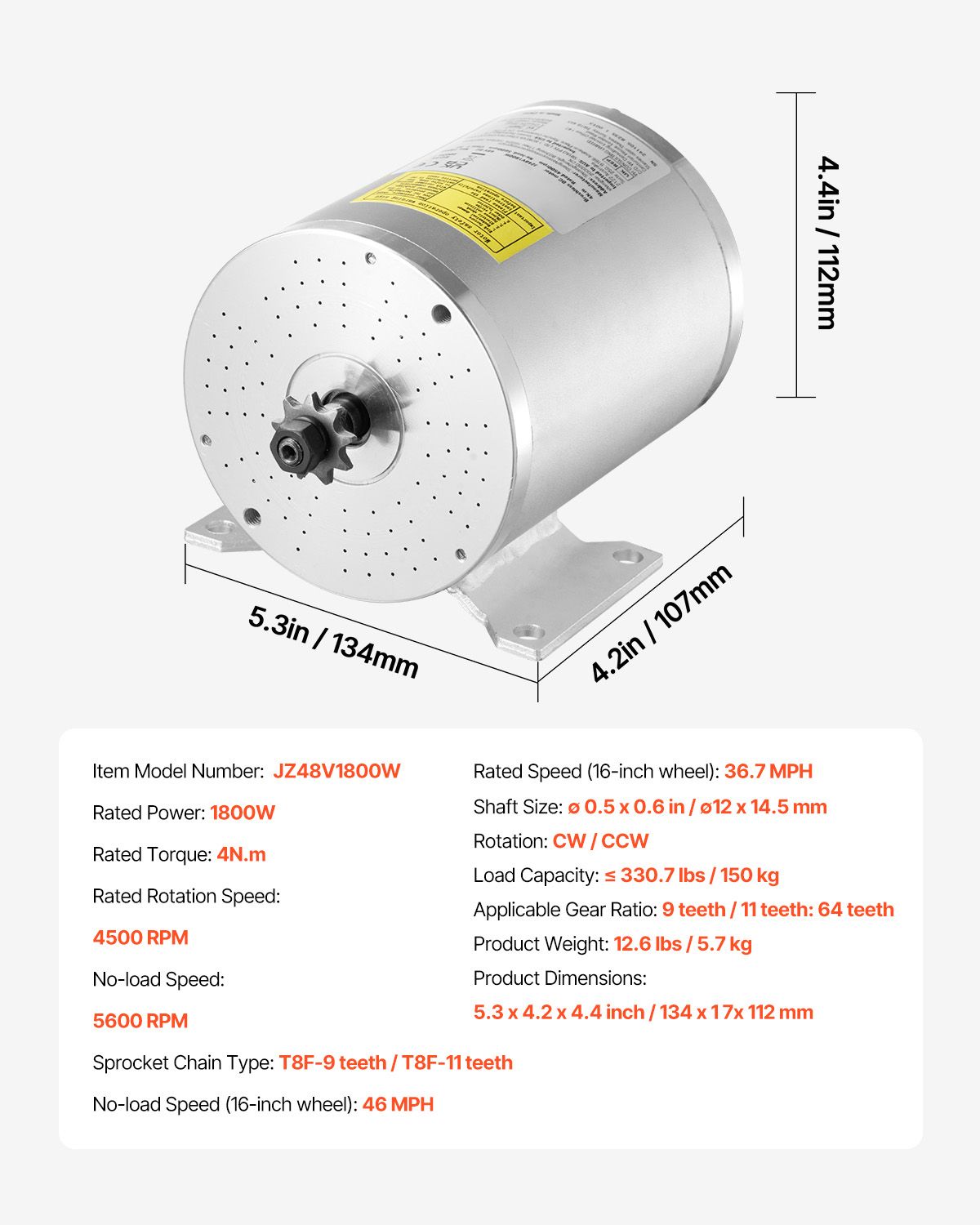 1800W Electric Brushless DC Motor Kit - 48V 4500rpm Motor with Upgraded Speed Controller and Foot Pedal Throttle Kit for Go Karts E-Bike Motorcycle Scooter DIY