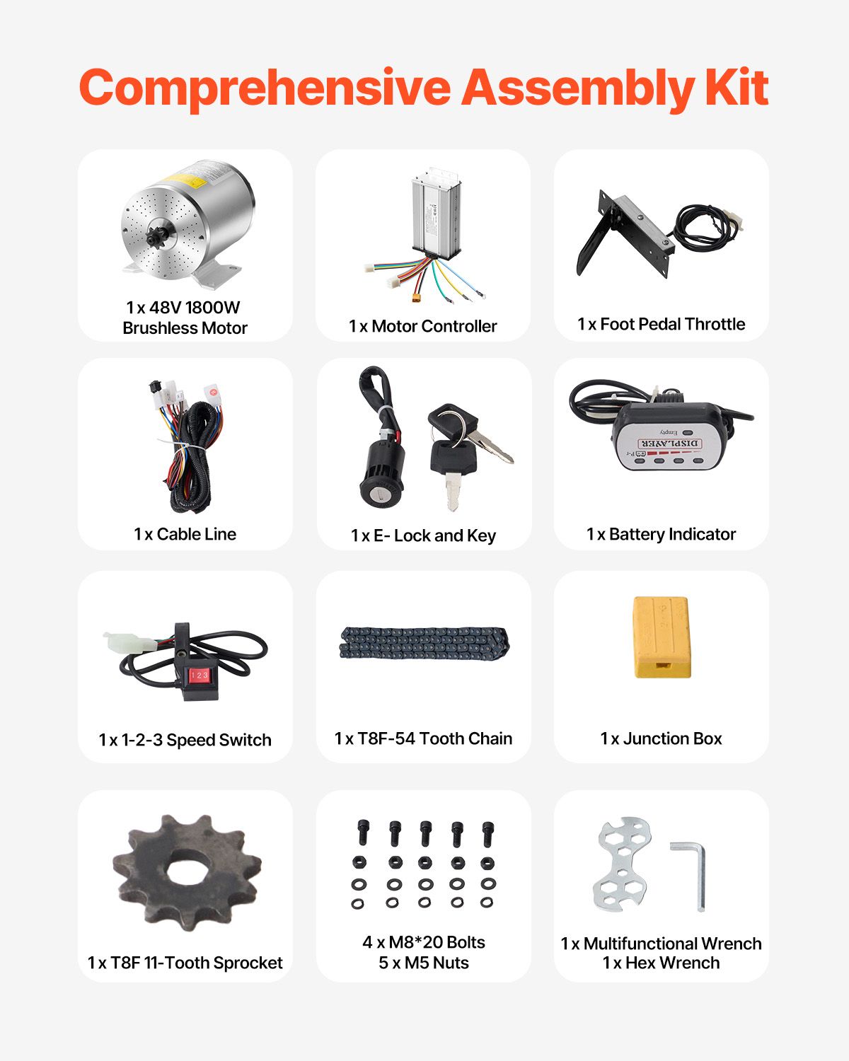 1800W Electric Brushless DC Motor Kit - 48V 4500rpm Motor with Upgraded Speed Controller, Foot Pedal and Throttle Grip Kit for Go Karts E-Bike Motorcycle Scooter