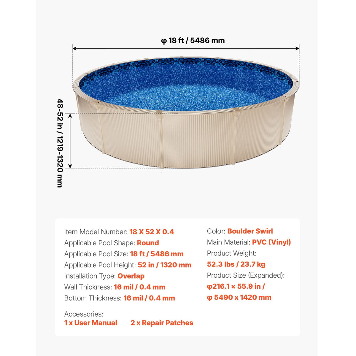 18ft Pool Liner, Round Overlap Swimming Pool Liner for 52 in Wall Height, Premium Vinyl, Easy Install with Leak-Proof Patches, Designed for Steel Sided Above-Ground,Outdoor, Boulder Swirl