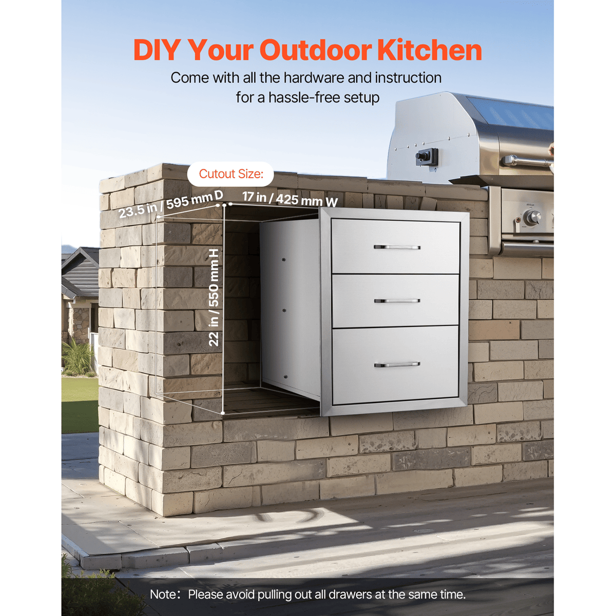 18x23 Inch Outdoor Kitchen Stainless Steel Triple Access BBQ Drawers with Chrome Handle, 18 x23 x 23 Inch