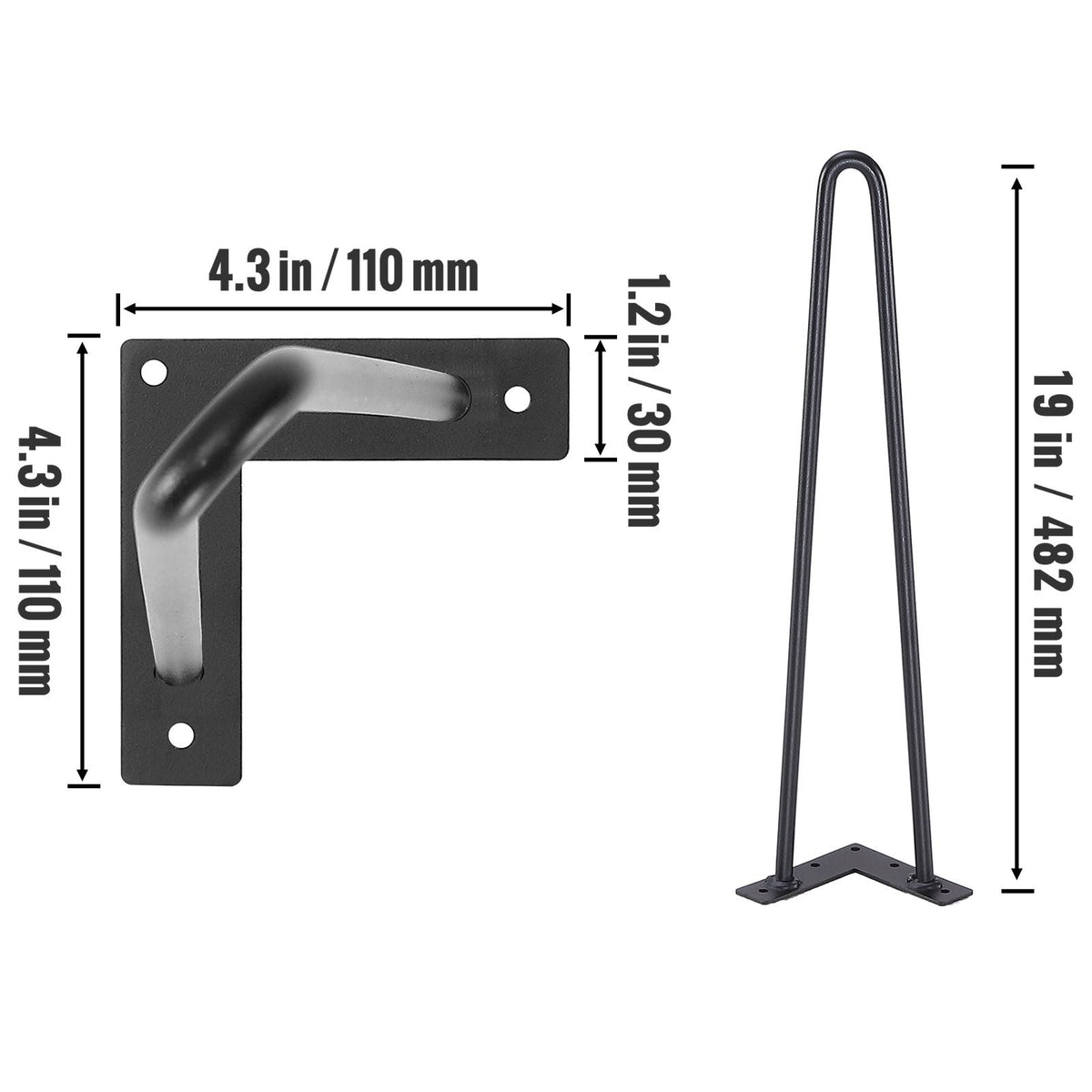 19" Hairpin Furniture Legs, Metal Home DIY Projects for Nightstand, Coffee Table, Desk, 500lbs Load Capacity with Rubber Floor Protectors, Metal Heavy Duty Sturdy Modern Table Legs, 4PCS Black