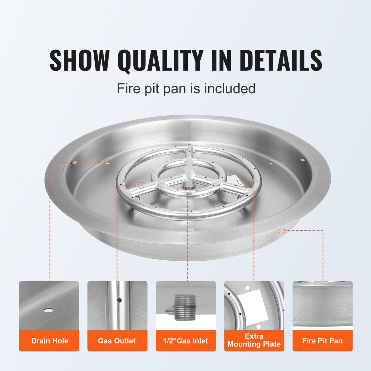 19 inch Round Drop-in Fire Pit Pan, Stainless Steel Fire Pit Burner, Natural & Propane Gas Fire Pan 92,000 BTU with Lid, for Indoor or Outdoor Use