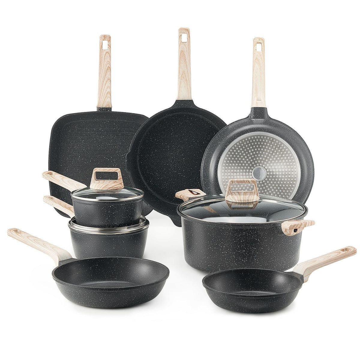19 Piece Pots and Pans Set, Granite Nonstick Cookware Set, Induction Cookwares, Kitchen RV Cooking Sets with Frying, Sauce, Saute, Tempered Glass Lids, and Pan Protectors, Black